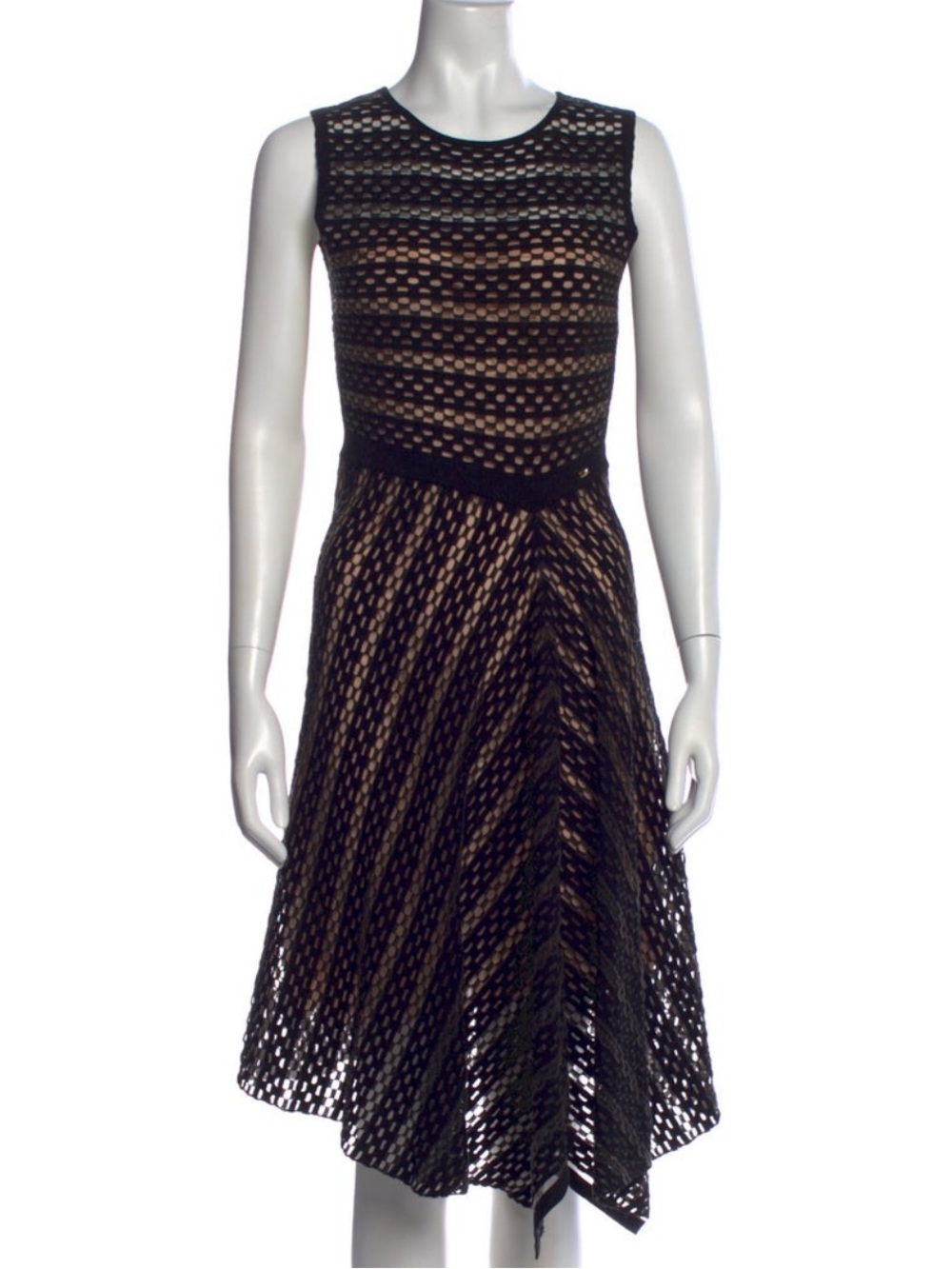 Escada Black and Nude Striped Mesh Midi Dress